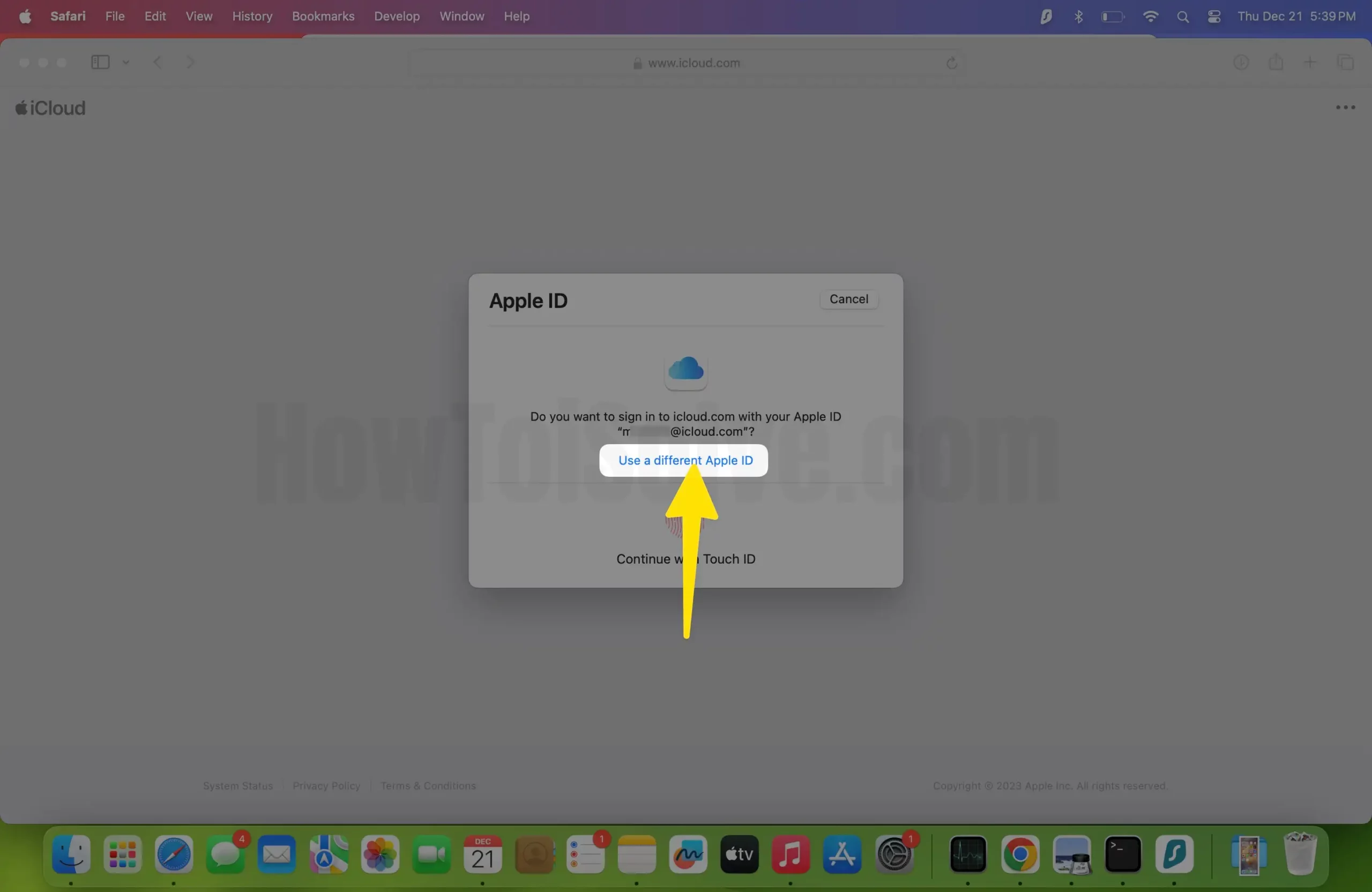 Click use a different apple id on mac