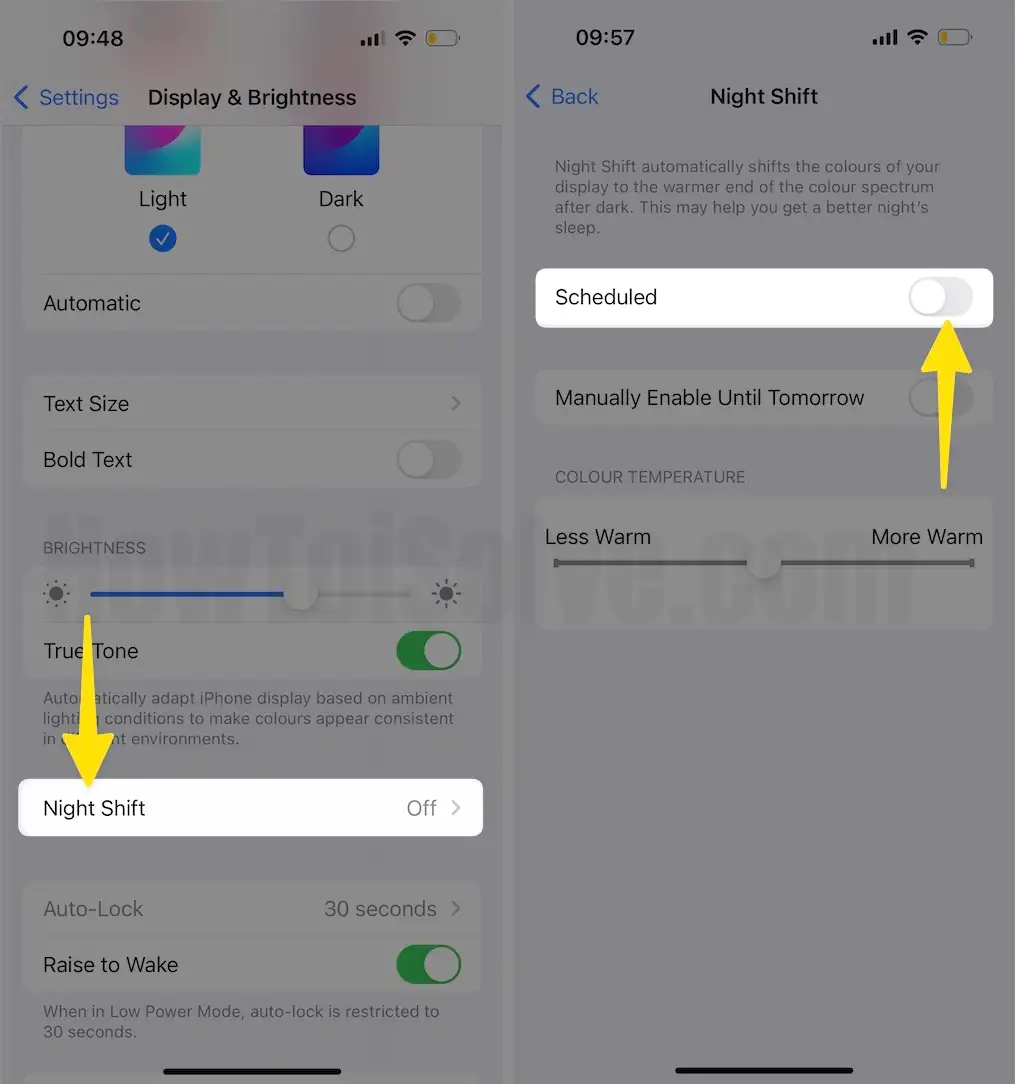 Tap on Night Shift Disable Scheduled on iPhone
