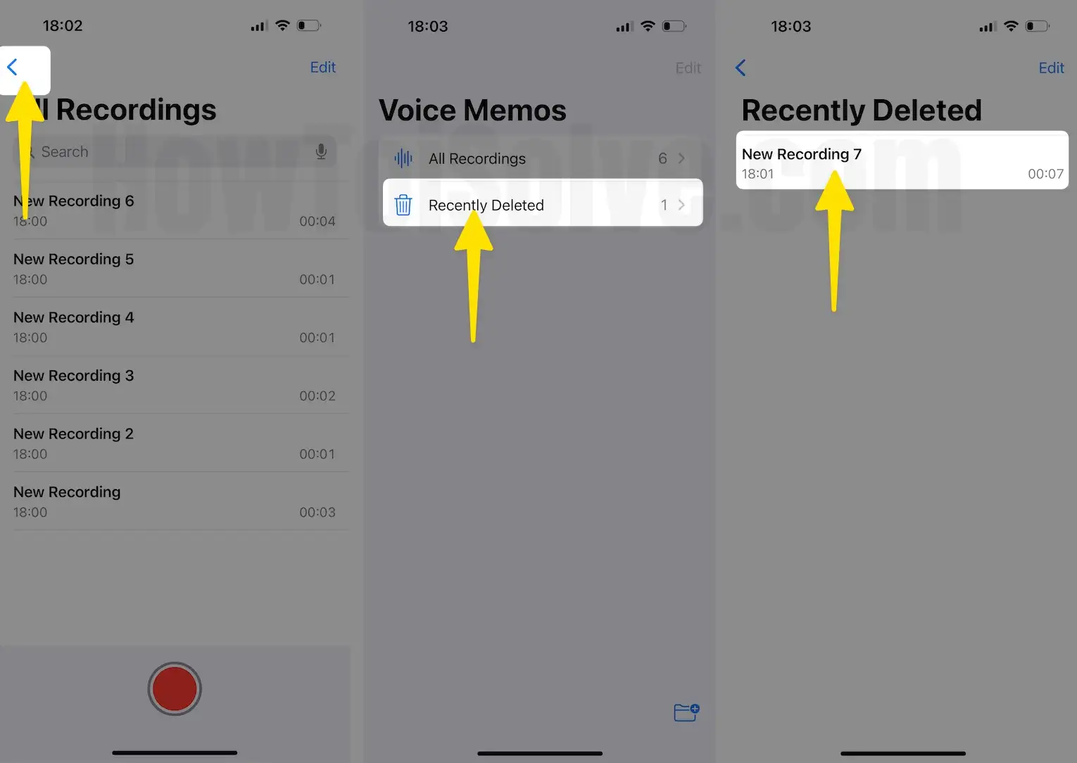 Tap on back click recently deleted in recording on iPhone