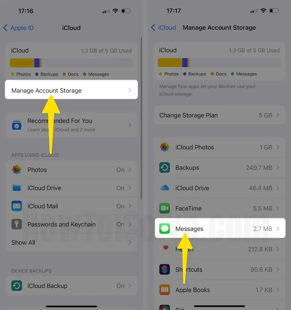 Tap on manage account storage click messages on iPhone