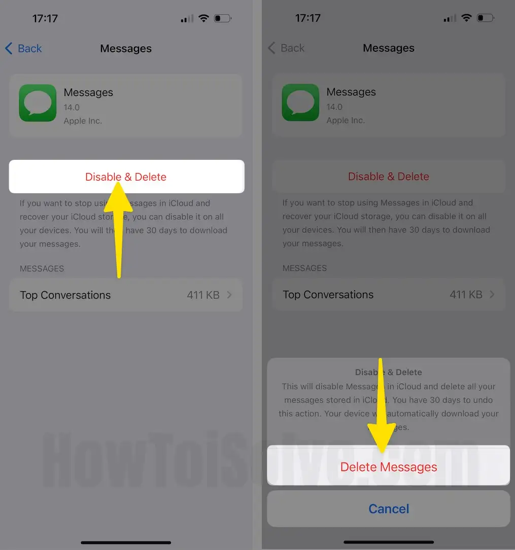 Click disable & delete tap delete messages on iPhone