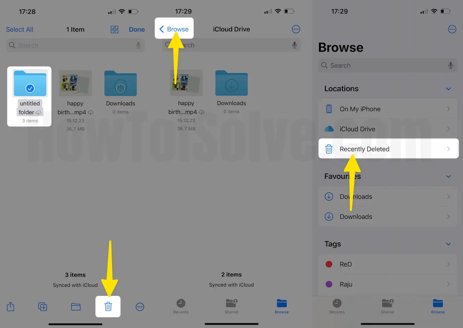 Tap delete click browse select recently deleted on iPhone