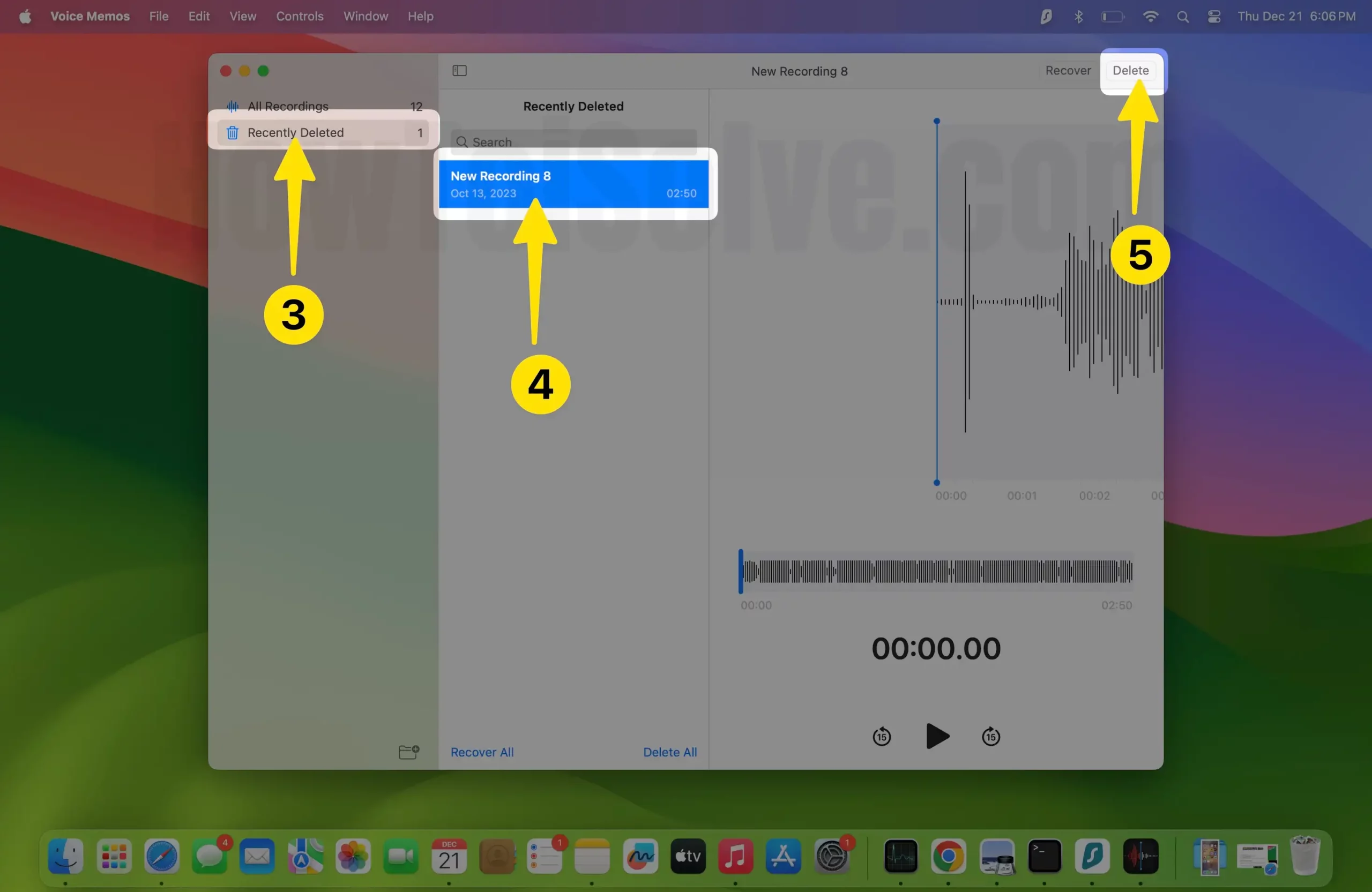 Click recently deleted then select recording and delete button on mac