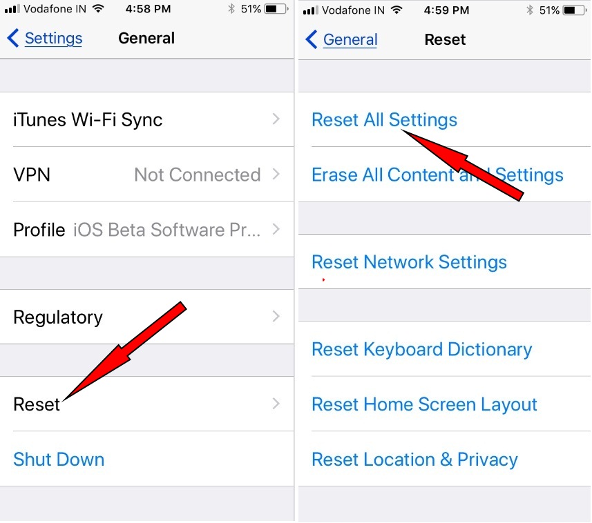 Reset All Settings on iPhone ipad running iOS 11 and later