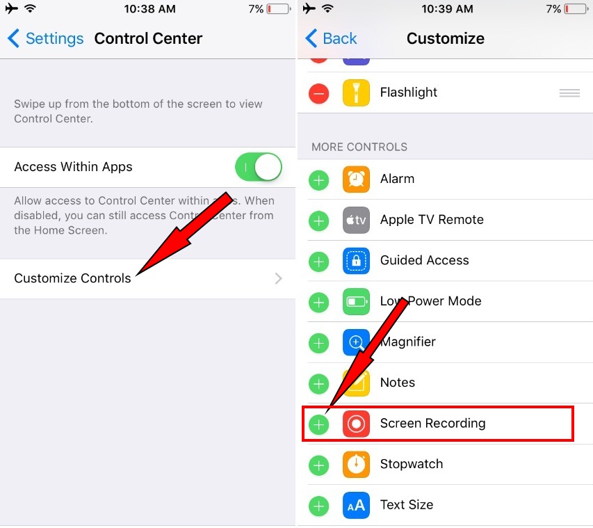 Add Screen Recording icon on Controls iOS 11 on iPhone iPad