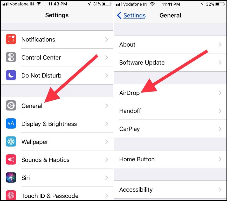 Tap on General under Settings App to turn on AirDrop on iPhone ipad running iOS 11 or later