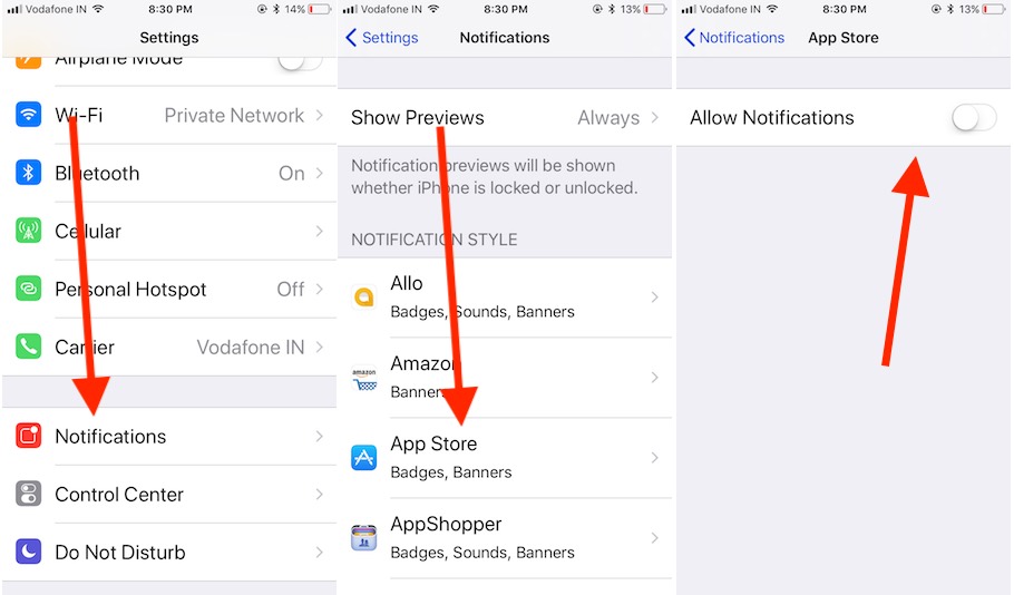 2 Disable Notification on iOS 11 in iPhone and iPad