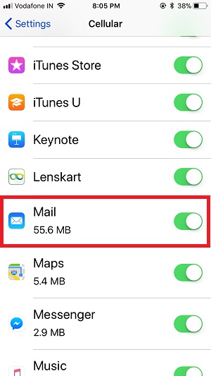 2 Enable Access Mail app on Cellular Data on iOS 11