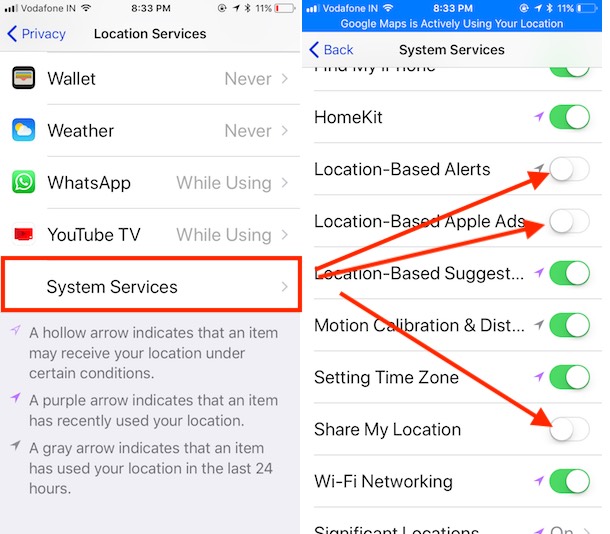 7 Disable location service under system Service on iPhone and iPad