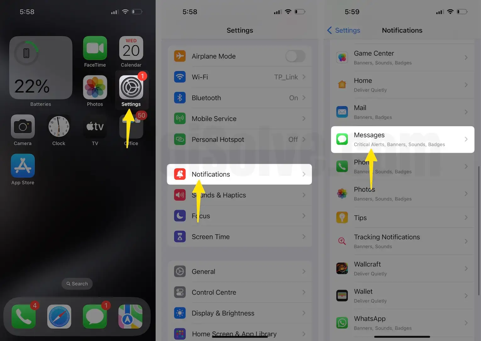 Message Notifications settings on iPhone