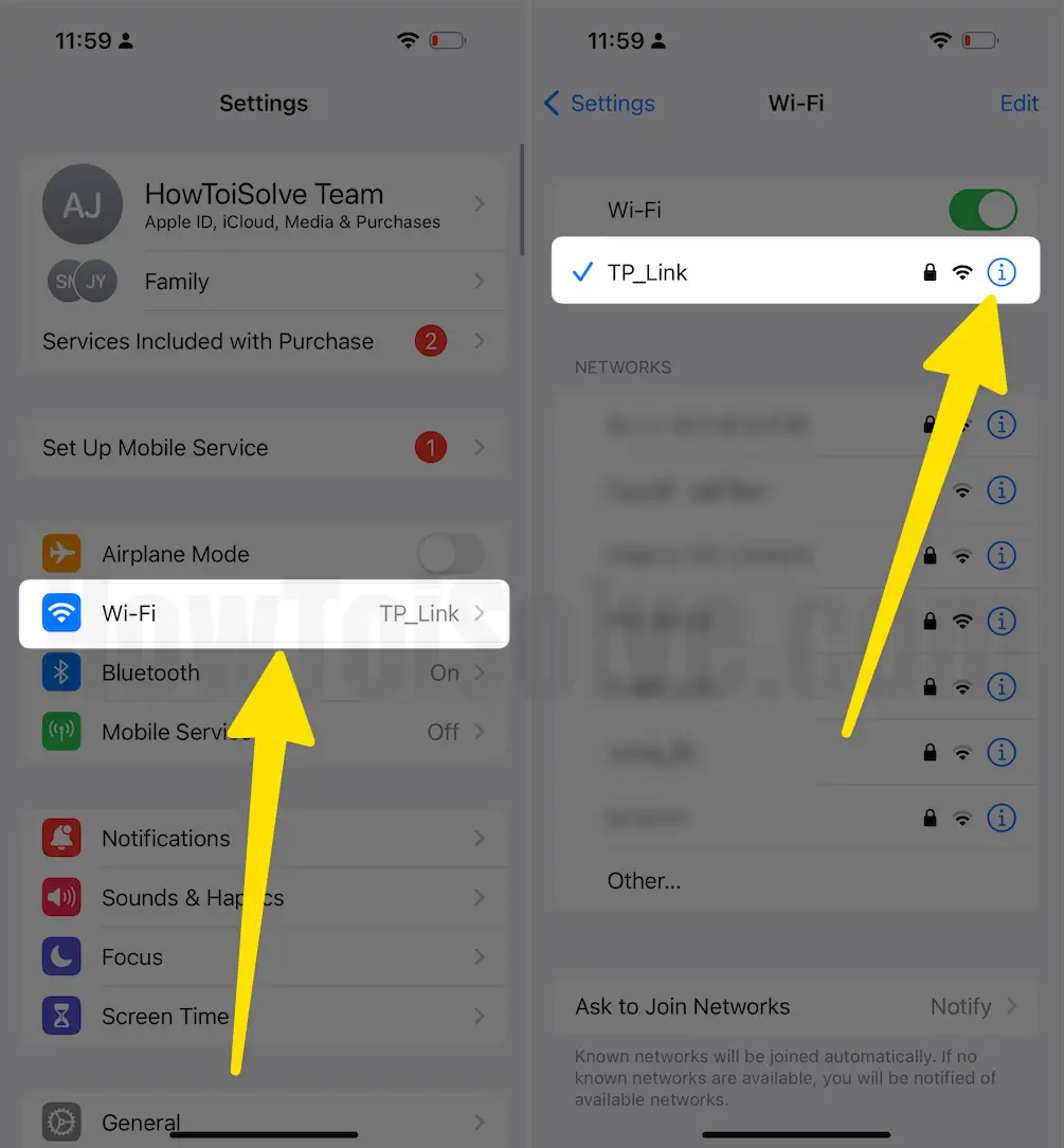 Open WiFi settings on iPhone