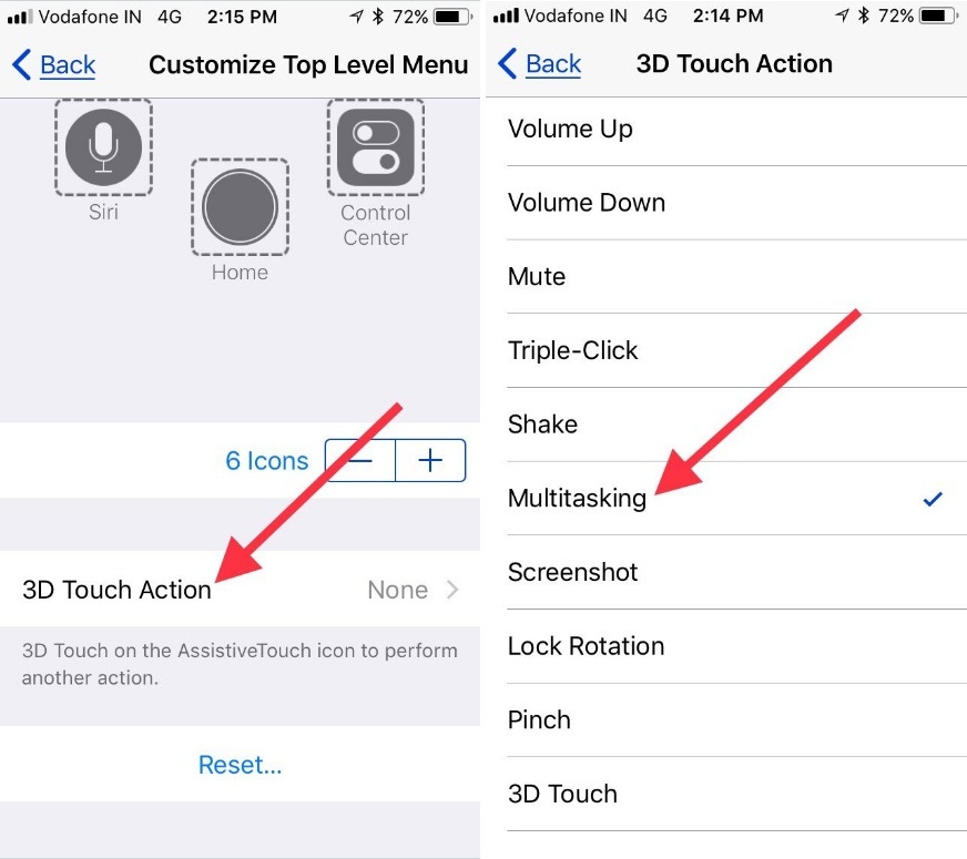 Tap on 3D touch Action to set Multitasking button to Force Close App in iOS 11 iPhone iPad