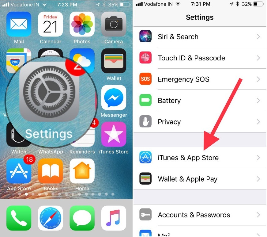 Tap on Settings app to go to iTunes and App Store in iOS 11 on iPhone iPad