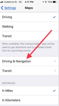 tap on Driving and Navigation to disable Speed Limit function in Apple Maps iOS 11 iPhone