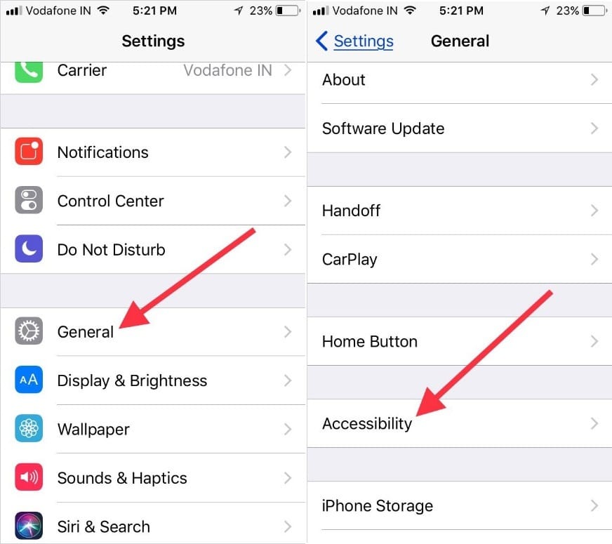 tap on General to open Accessibility settings on iPhone iPad