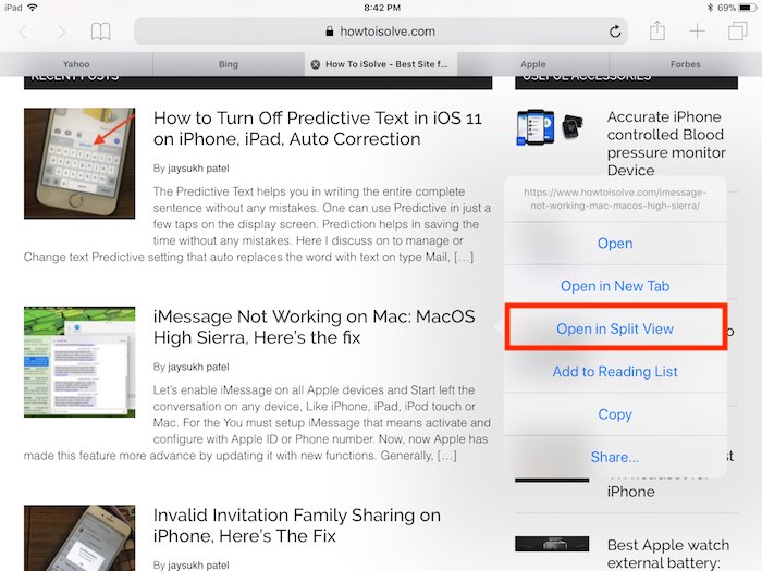2 Open Safari page in Split Screen on Safari iPad in iOS 11