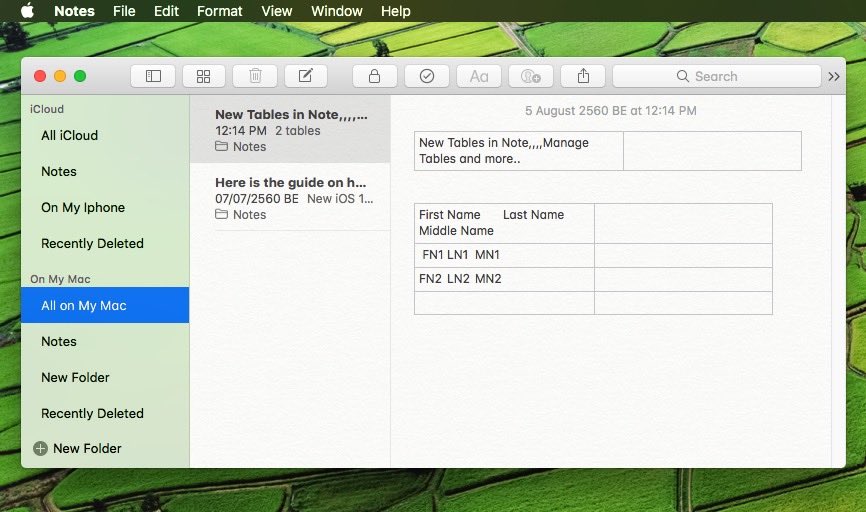 9 Use of tables in Note app on MacOS High Sierra
