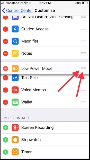 Rearrange Low Power mode app icon in control center ios 11 on iPhone