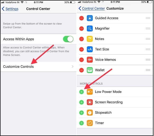 Tap on Customize Controls to add low power mode in Control center