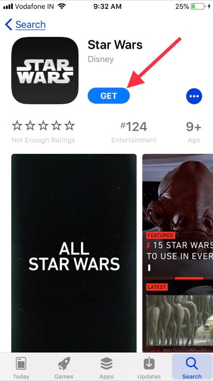 Tap on Get Star Wars on your iPhone App Store