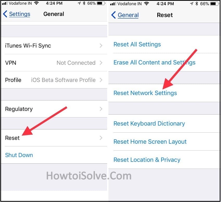 Нажмите «Сброс», чтобы перейти к «Сбросить настройки Netowrk» в iOS 11 или новее iPhone iPad.