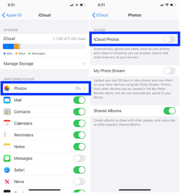Turn off iCloud Photo from iPhone and iPad