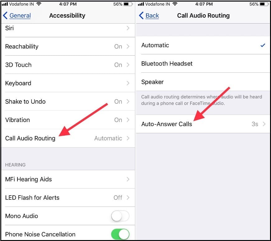 tap on Call audio routing and tap Auto-Answer Calls iPhone iOS