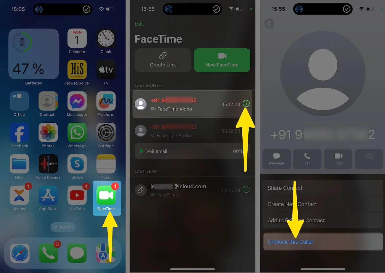 Launch the face time app tap contacts number click (i) button click unblock this caller on iPhone