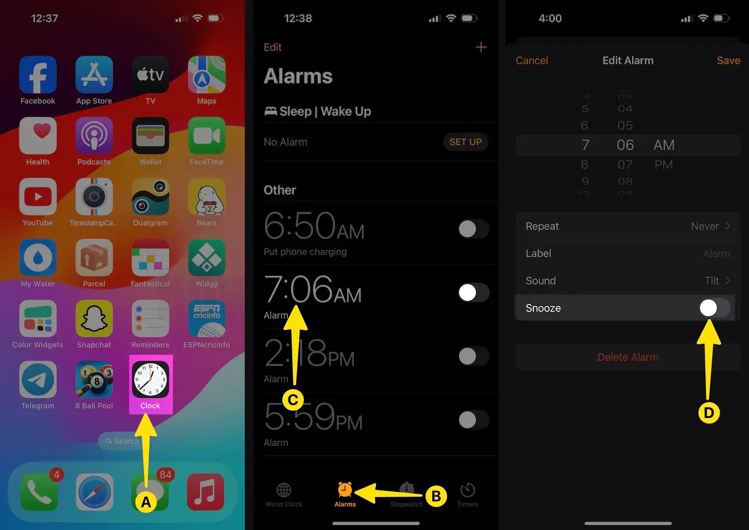 Open Clock App Select Alarm tab Click on Alarm timing Disable Snooze On iPhone