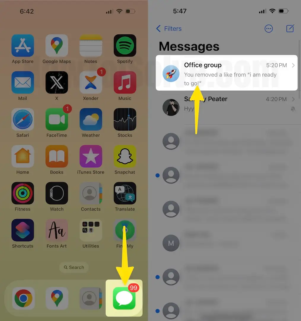 Open messages app tap conversion on iPhone