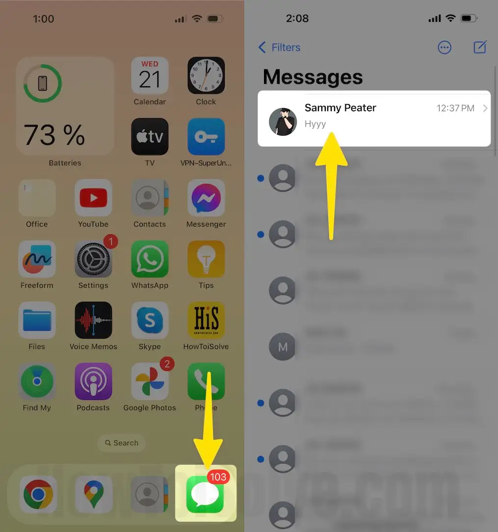 Open messages app tap conversion on iPhone