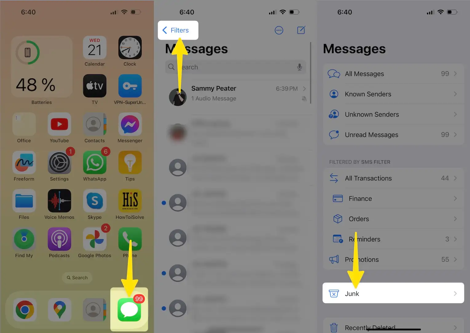 Open messages app tap filters select junk on iPhone