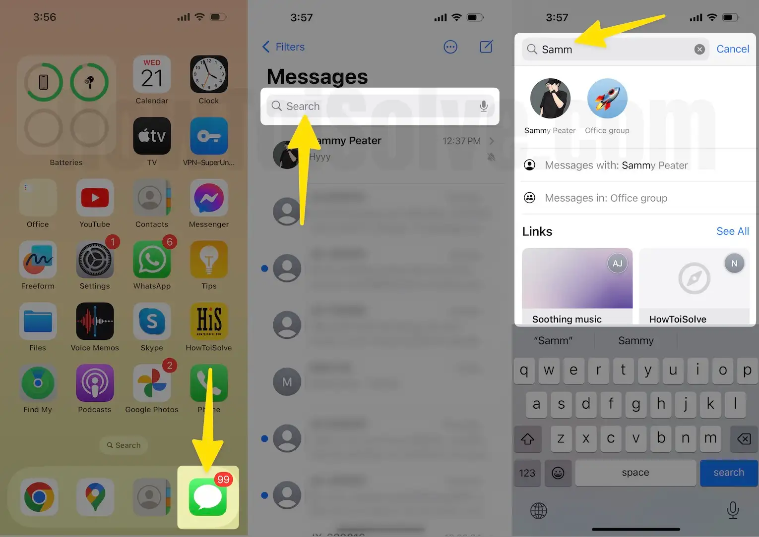 Open messages app tap search to contacts name on iPhone