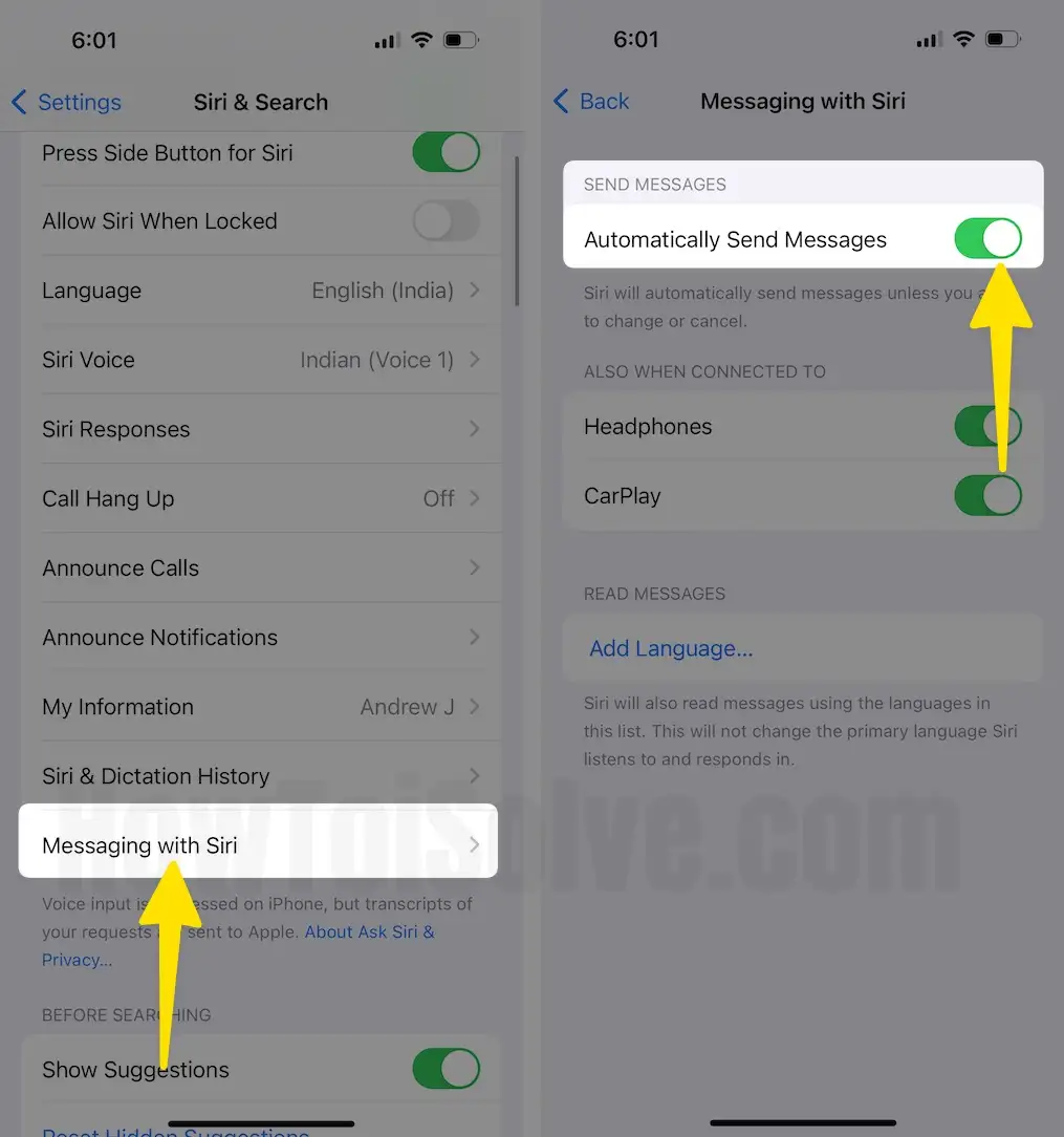 Click Messaging with Siri turn on automatically send messages on iPhone
