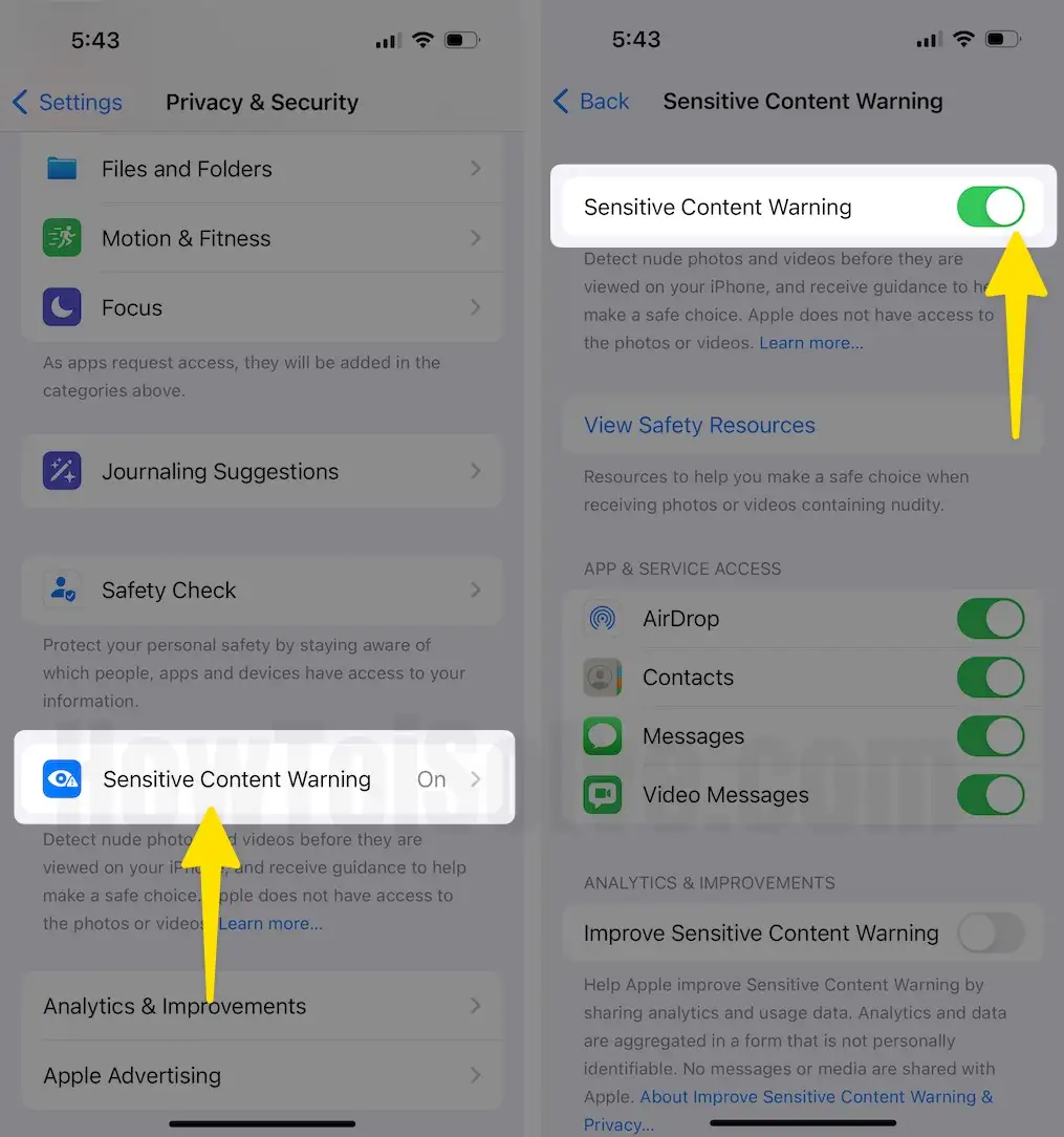 Click Sensitive Content Warning turn on Sensitive Content Warning on iPhone