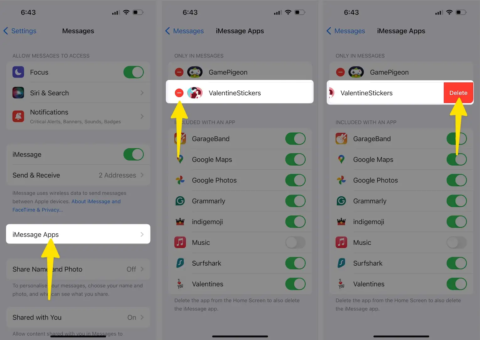 Click iMessages apps tap (-) minus app click delete on iPhone