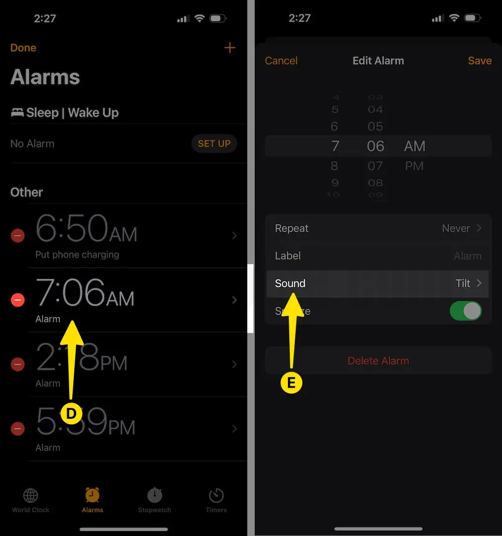  Select Alarm Timing Tap on Sound on iPhone