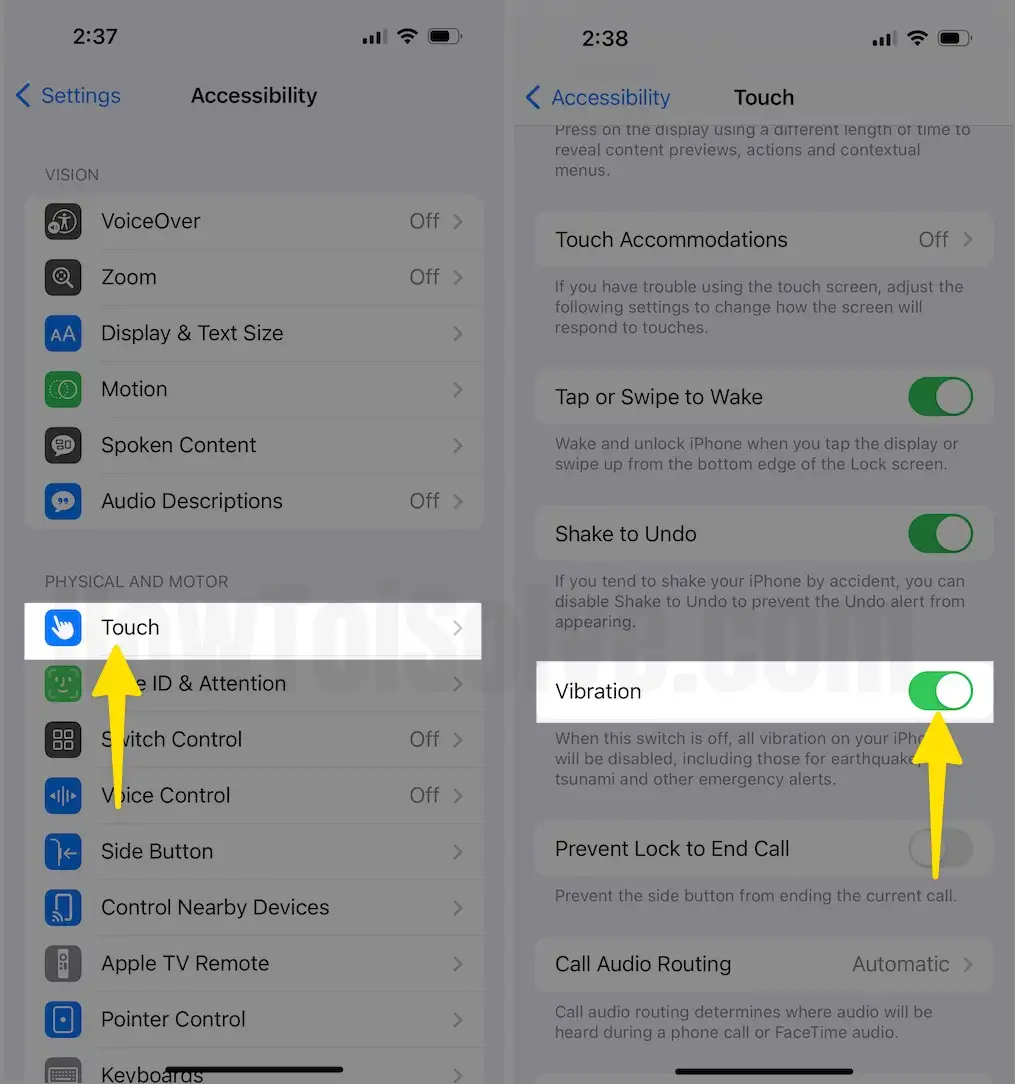 Select Touch Enable Vibration On iPhone