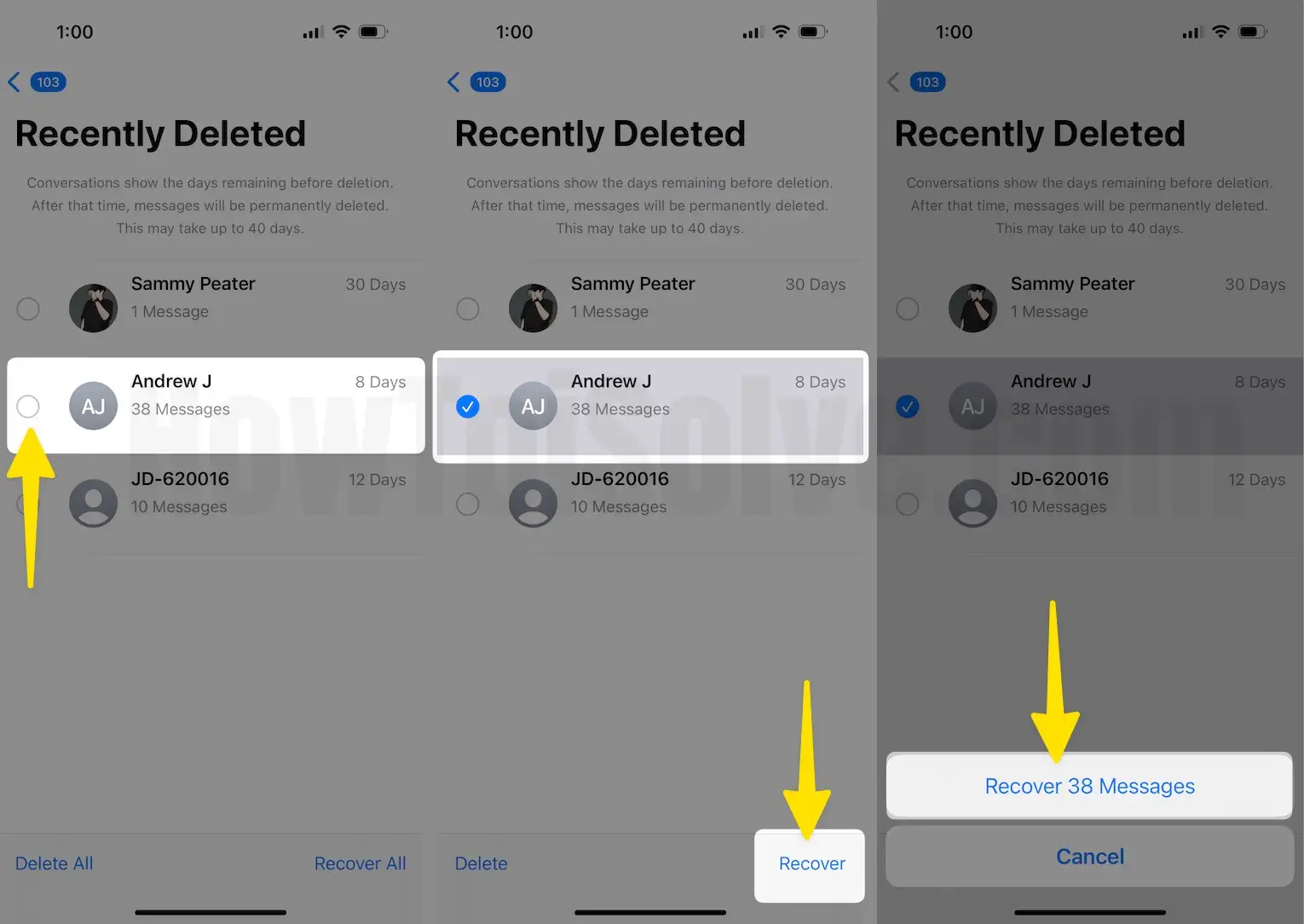 Select messages tap recover choose recover messages on iPhone