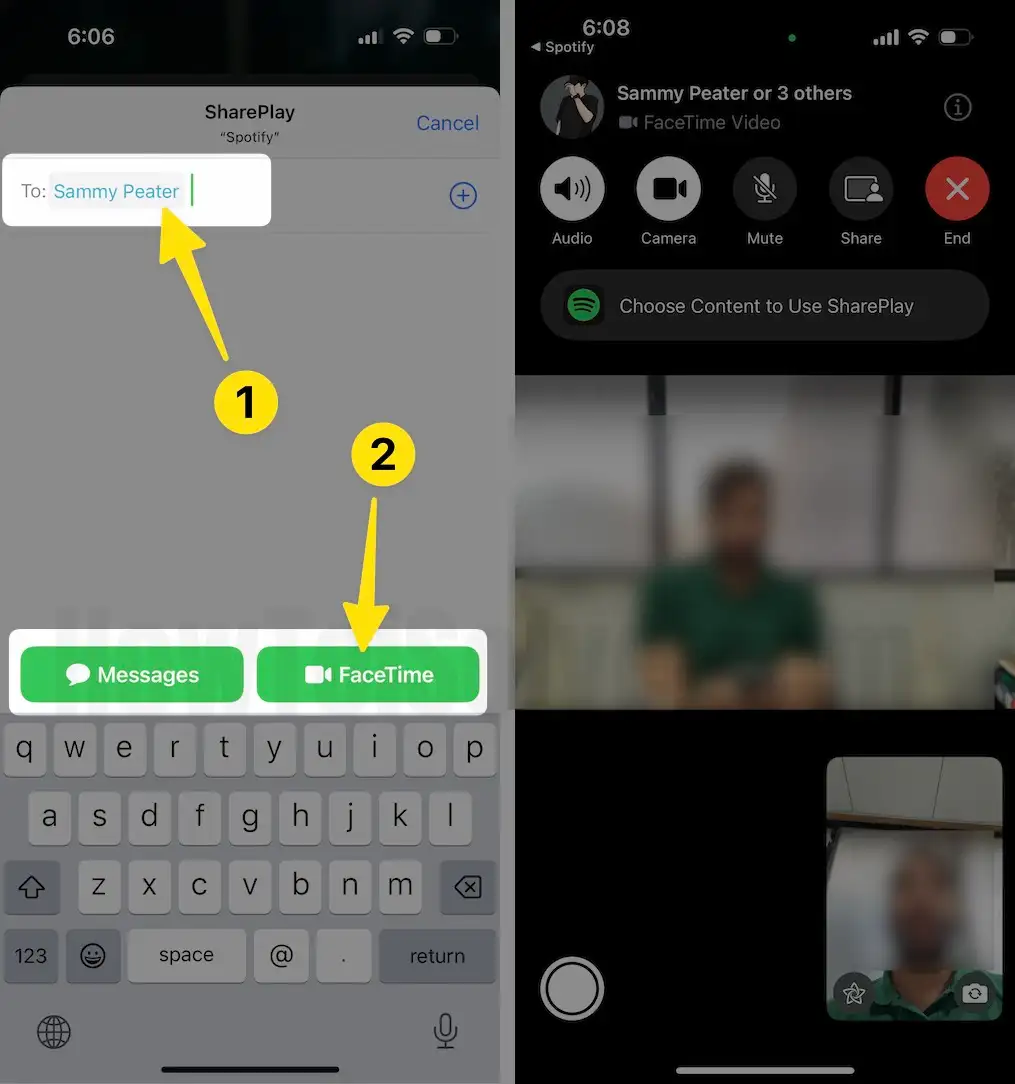 Click contacts number tap on messages to facetime on iPhone