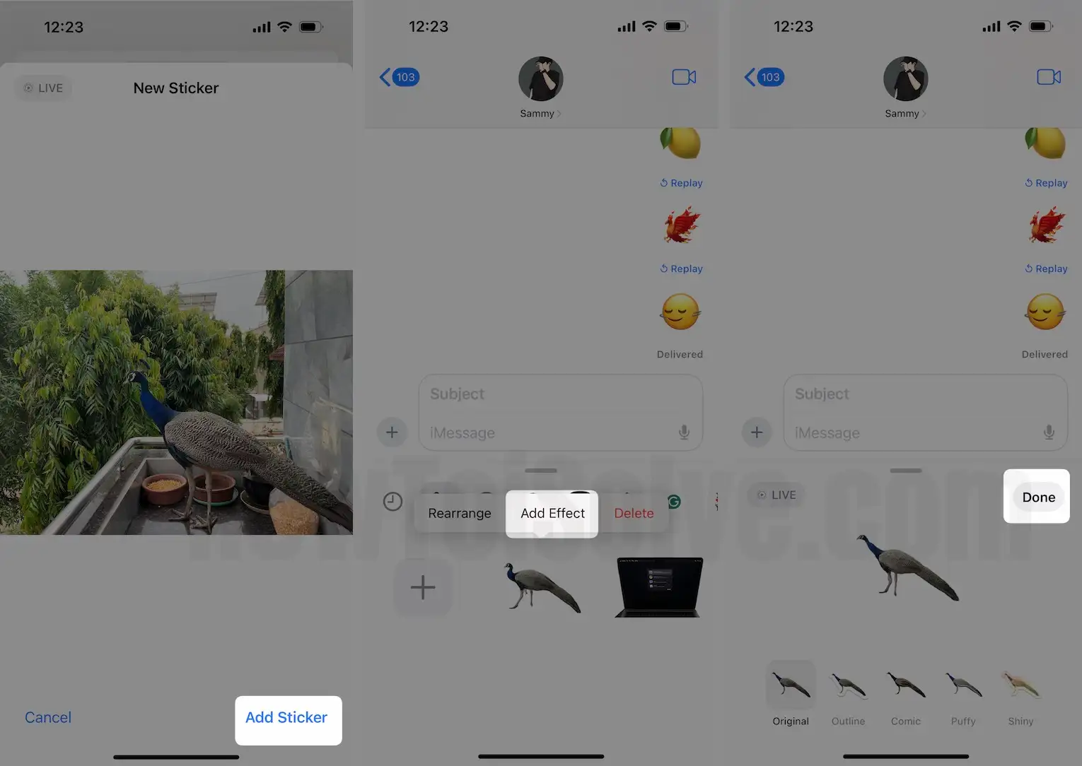 Click on add sticker tap add effect choose done on iPhone