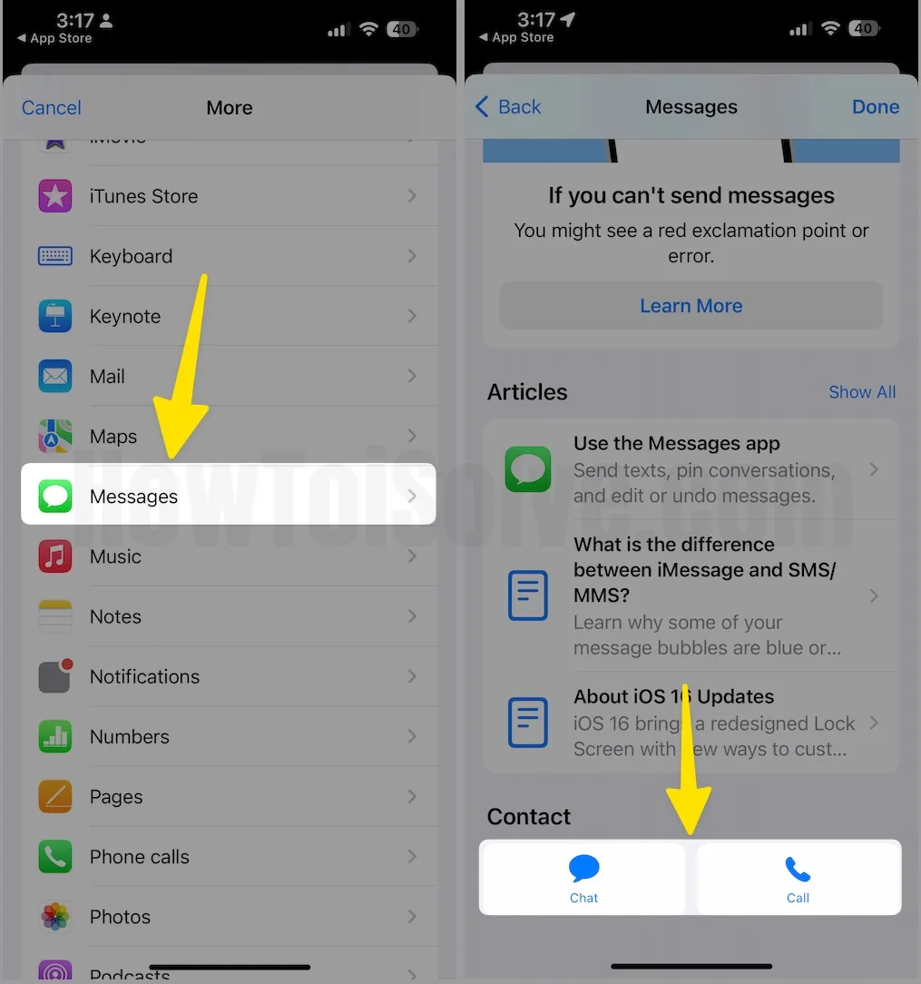 scroll the messages click by chat or call on iphone