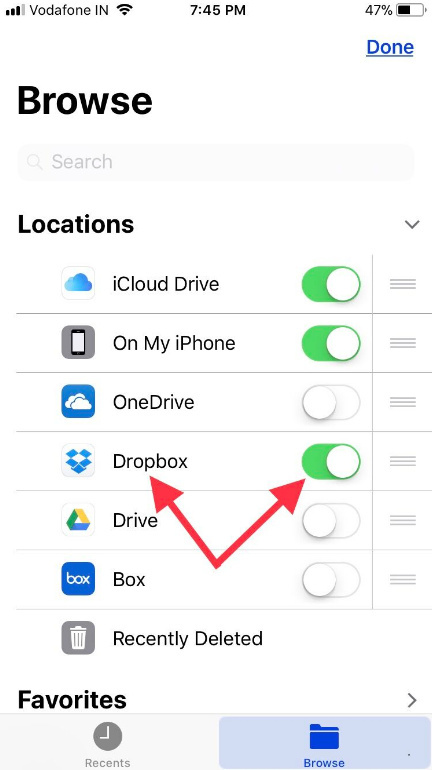 Enable turn on Dropbox to Files App iOS 11 on iPhone iPad