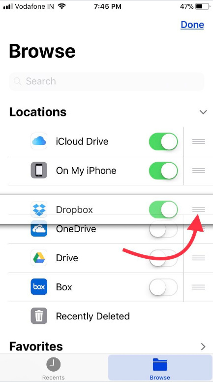 drag and move Dropbox on new location in Files App iOS 11 on iPhone iPad