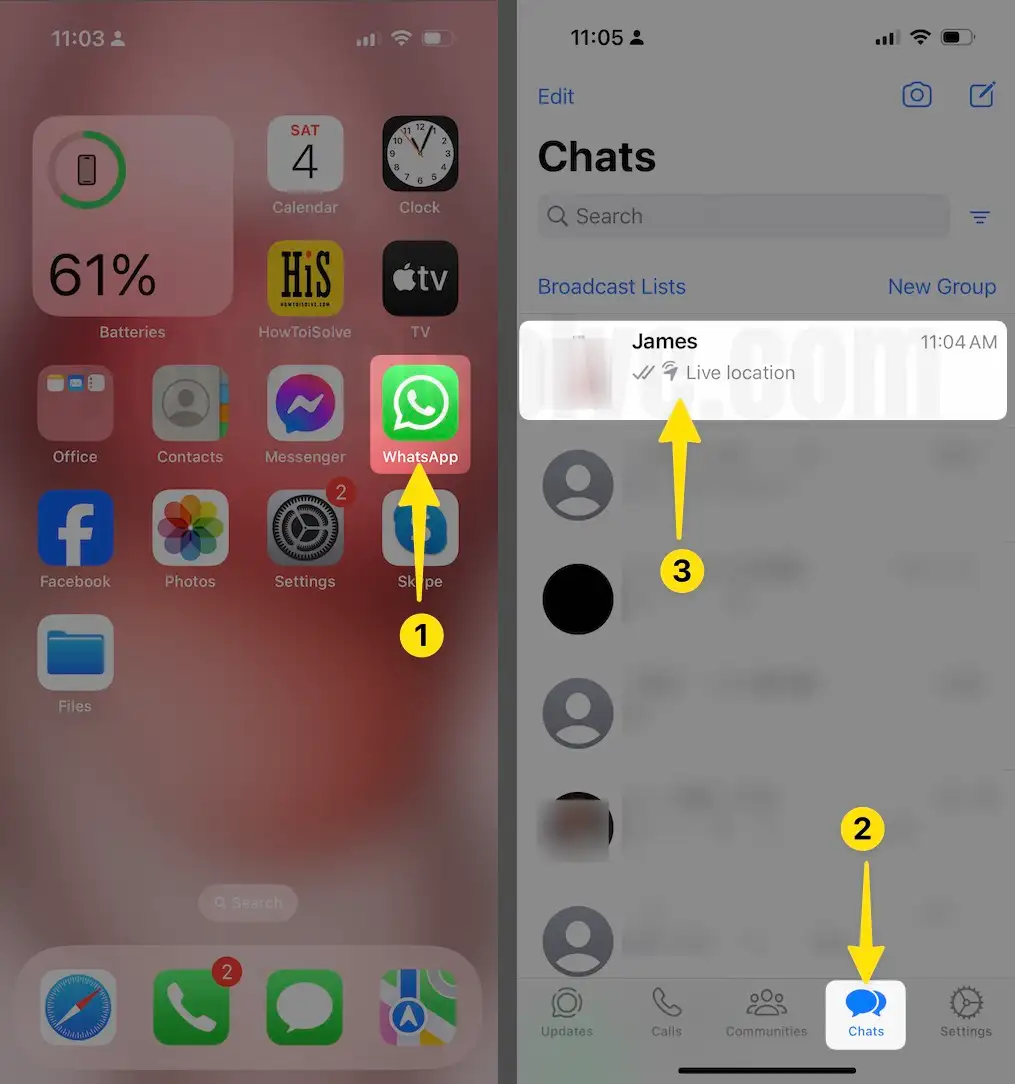 Launch the whatsapp tap on chats then select content on iPhone