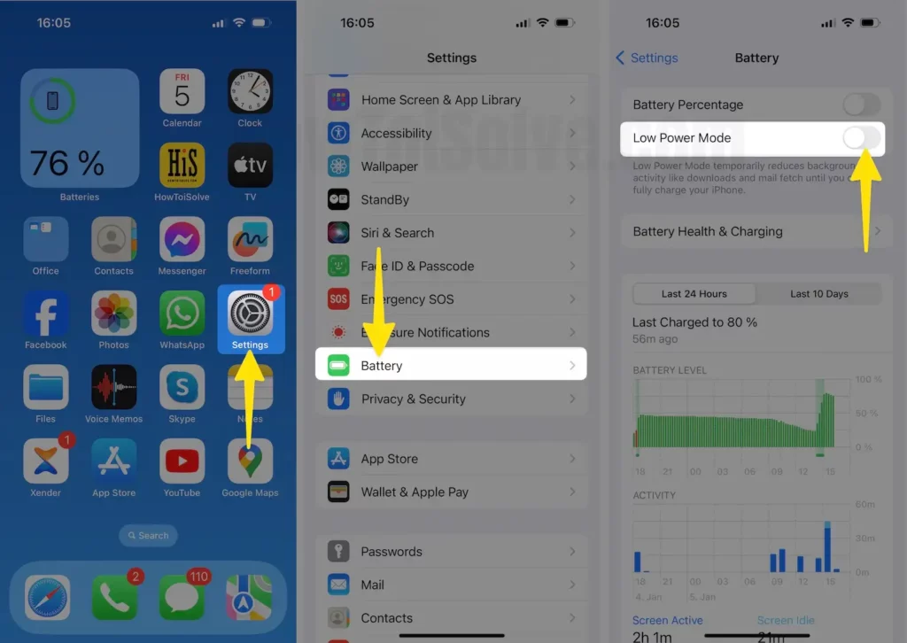 Open Settings Select Battery Disable Low Power Mode on iPhone