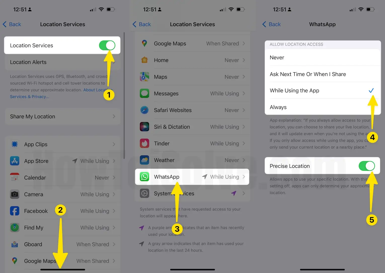 Enable toggle location services scroll the and tap on whatsapp check allow location access then enable toggle precise location on iPhone