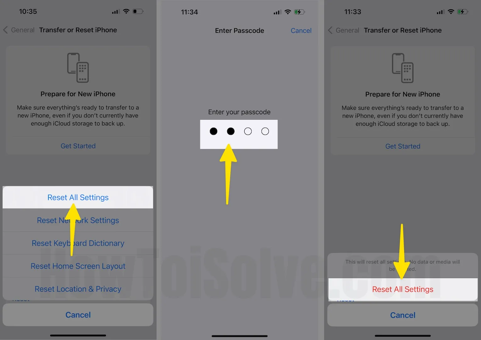 Tap on Reset All Settings Enter Passcode Click to Confirm Reset All Settings On iPhone
