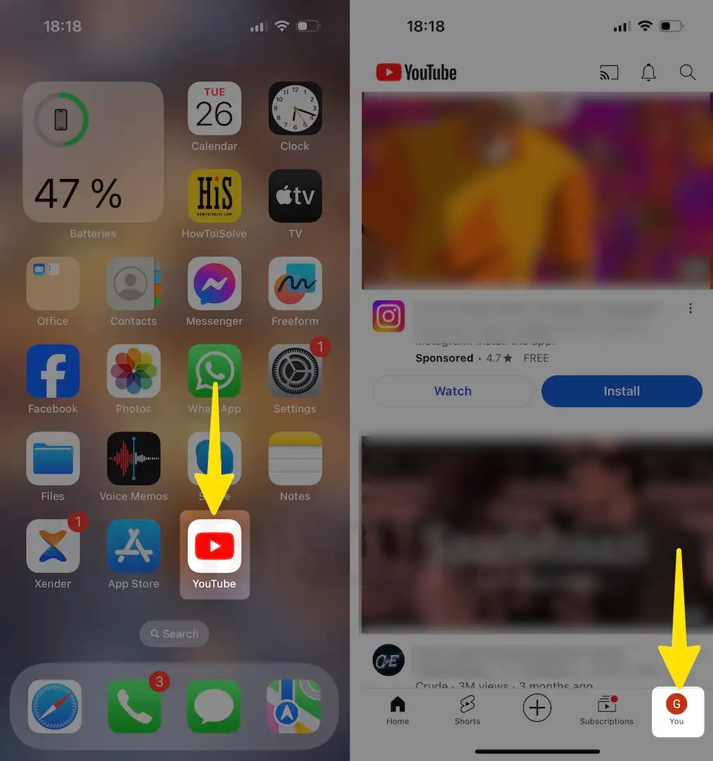 Launch the YouTube app tap profile name on iPhone