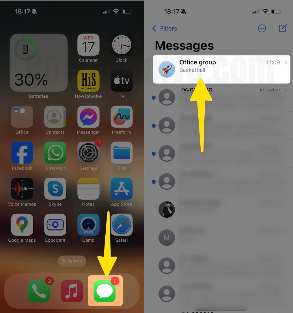 Open messages app tap contact number on iPhone